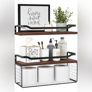 Floating Shelves With Wire Storage Basket, Bathroom Shelves Over Toilet